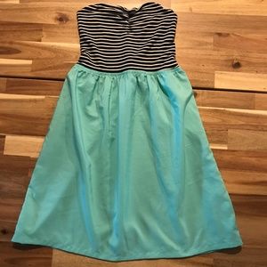 black and white stripe top w/green skirt dress
